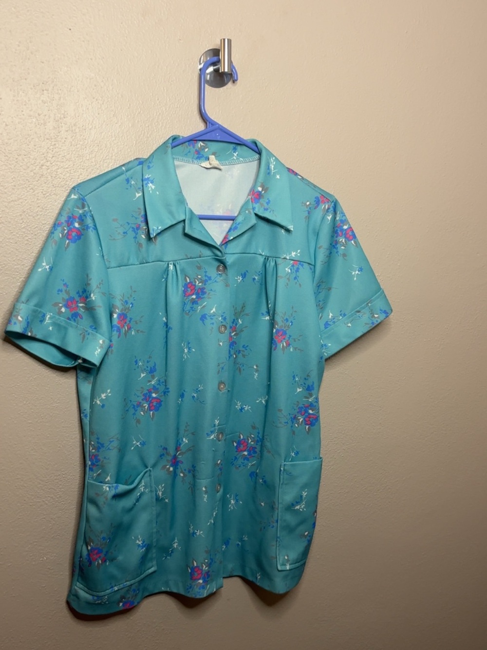 Vintage Shirley Blue Floral Button Front House Blouse 70s Cottagecore USA